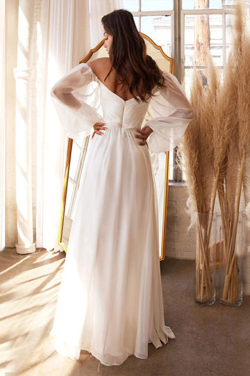 Hvid A-linje Off the Shoulder lange ærmer Ruched Wedding Party Kjole